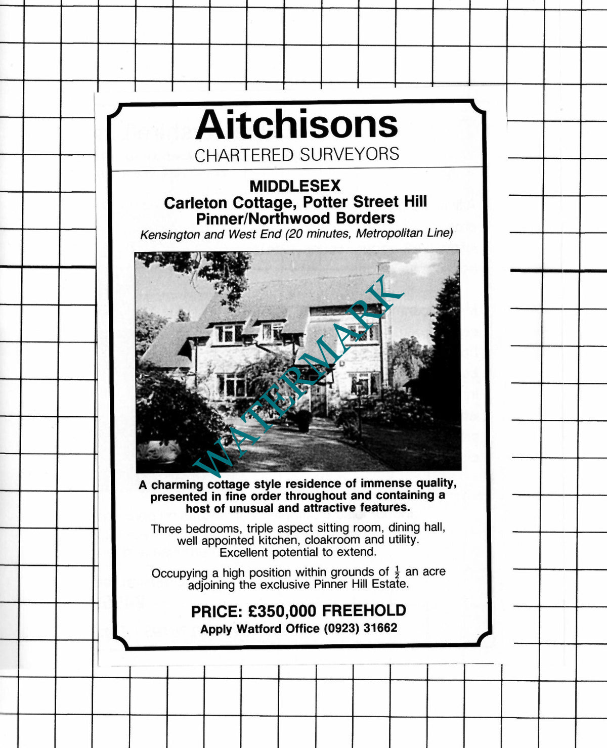 Carleton Cottage Pinner Middlesex House Sale Advert - 1991 Clipping / Print