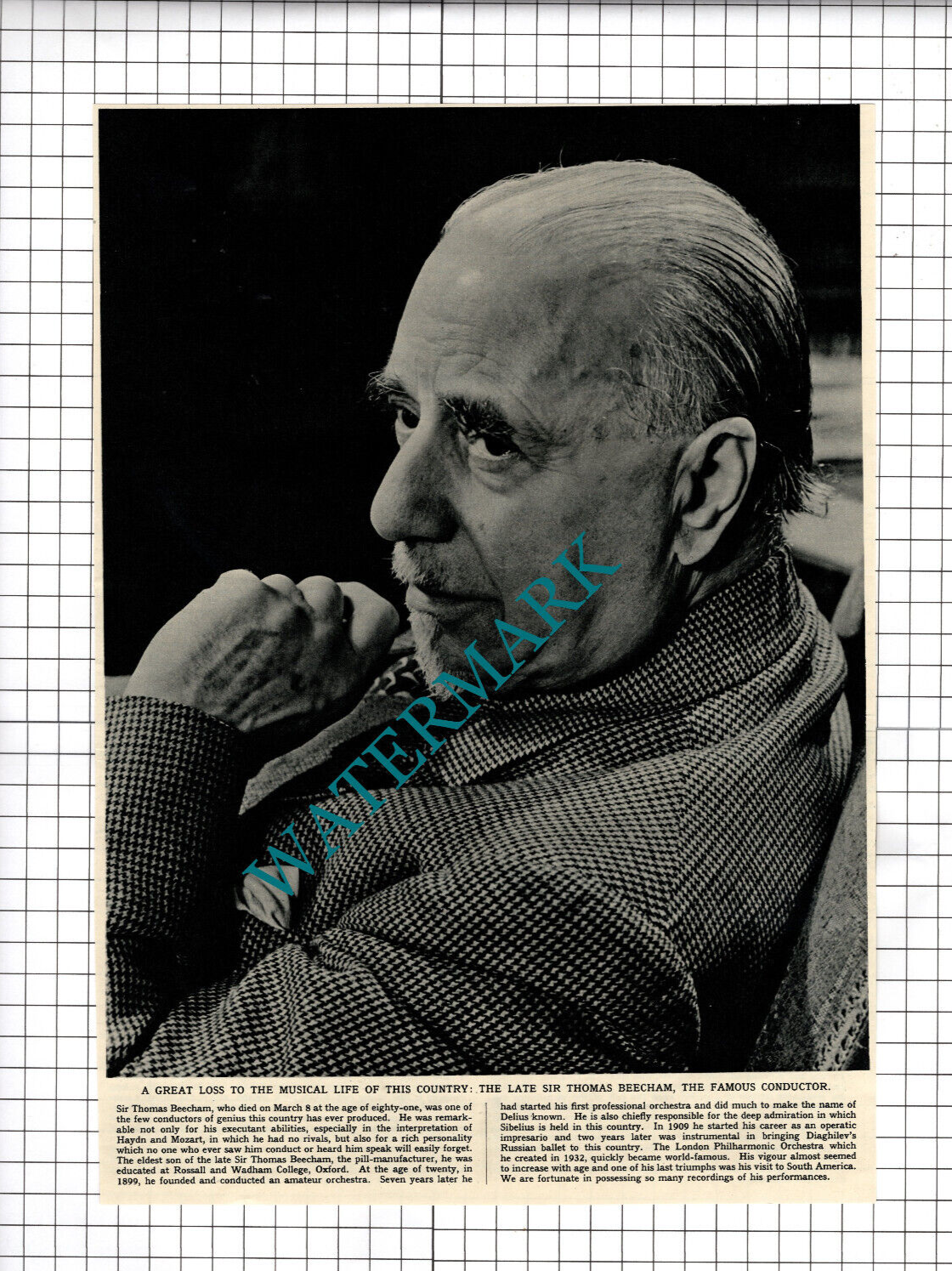 Sir Thomas Beecham Conductor Obituary - 1961 Cutting