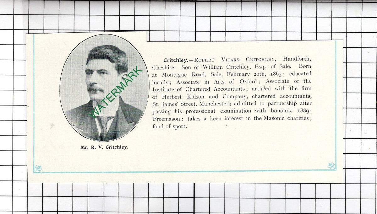 Robert Vicars Critchley Handforth Cheshire Sale Manchester - c.1905 Clipping