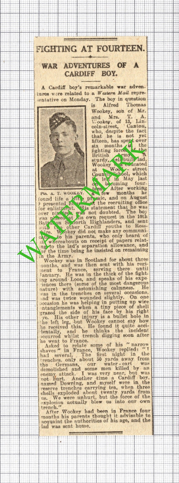 Alfred Thomas Wookey Canton Cardiff Wales Seaforth Highlanders 1916 News Cutting