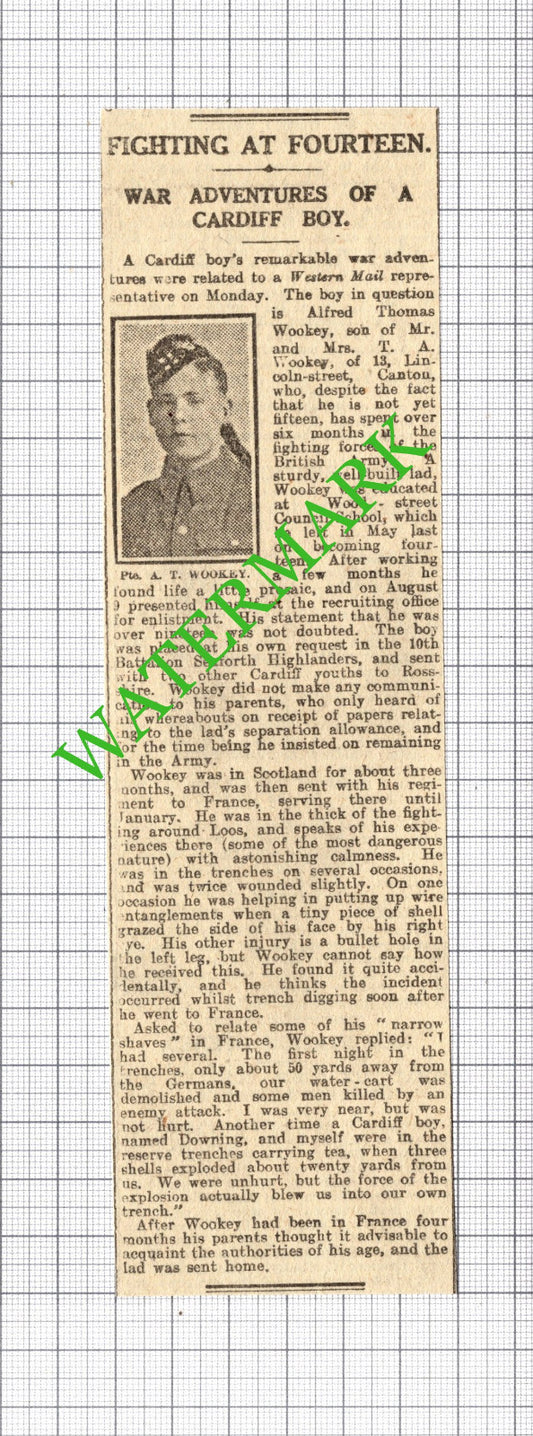 Alfred Thomas Wookey Canton Cardiff Wales Seaforth Highlanders 1916 News Cutting