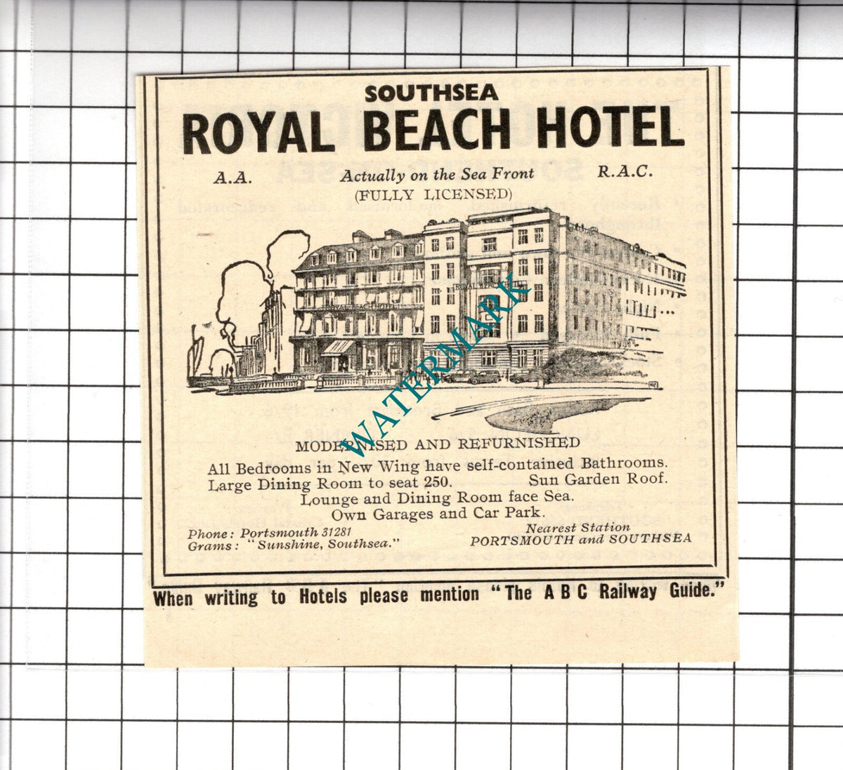 Royal Beach Hotel Southsea Small Advert  - 1958 Cutting