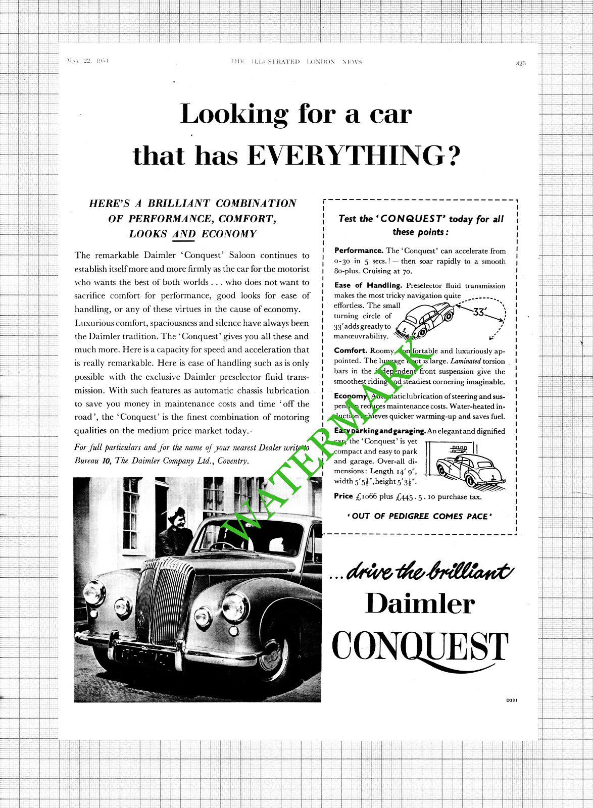 Daimler Conquest Car ADVERT - 1954 Cutting / Print