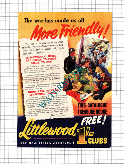 Littlewood Shilling Club Double-Sided Wartime WW2 Advert - 1940 Clipping / Print