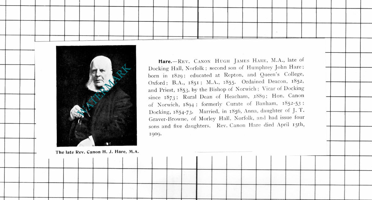 Rev Canon Hugh James Hare Docking Hall Norfolk Obituary - 1911 Clipping