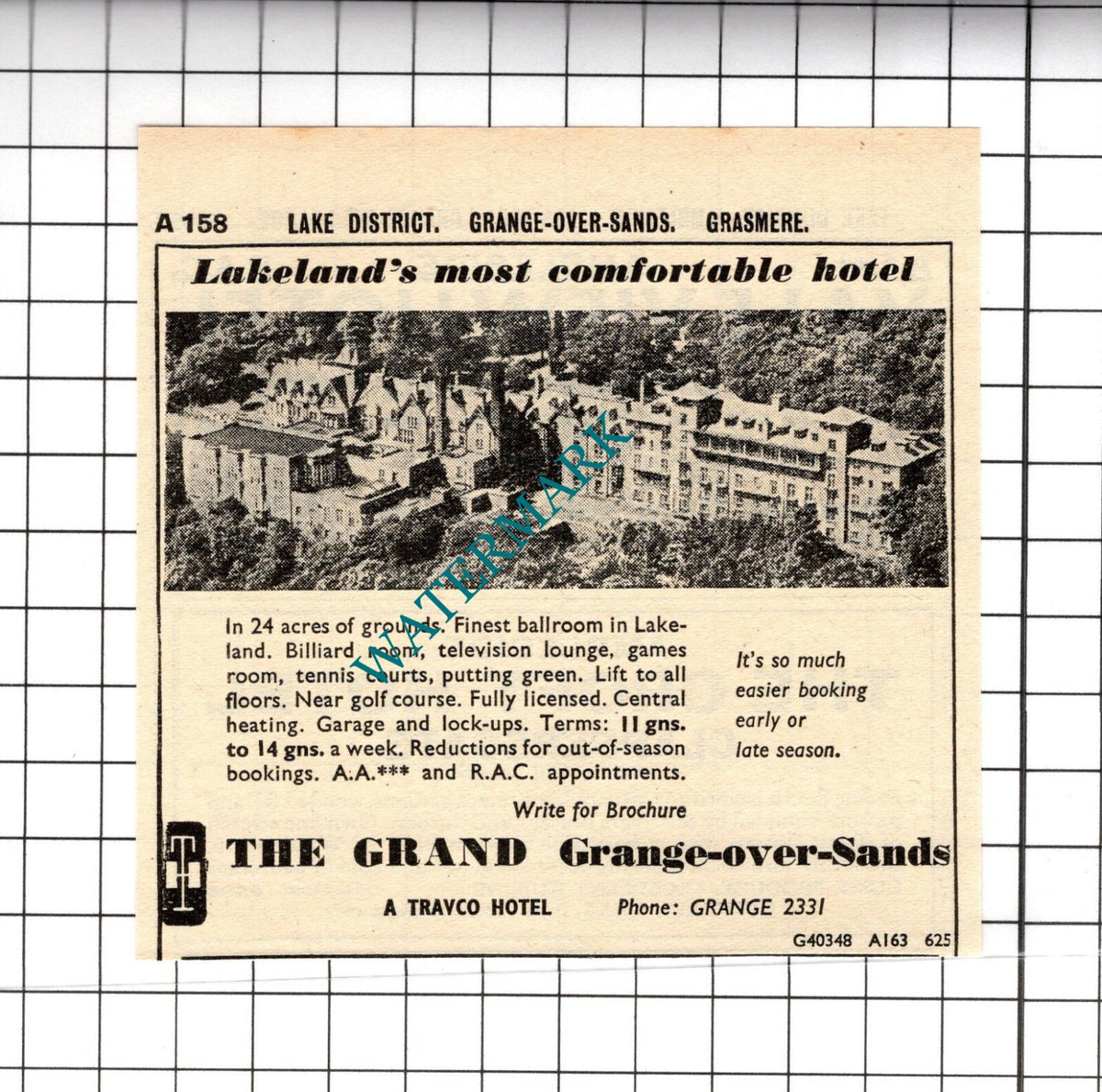 The Grand Hotel Grange over Sands Small Advert - 1958 Cutting