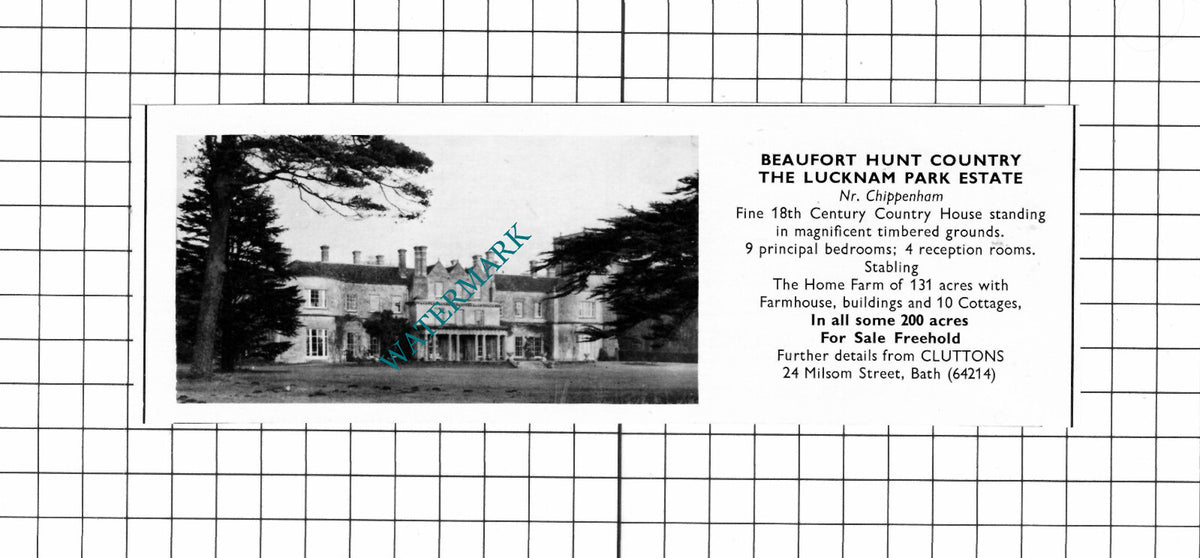 The Lucknam Park Estate Chippenham Wiltshire  House Sale Advert - 1967 Cutting