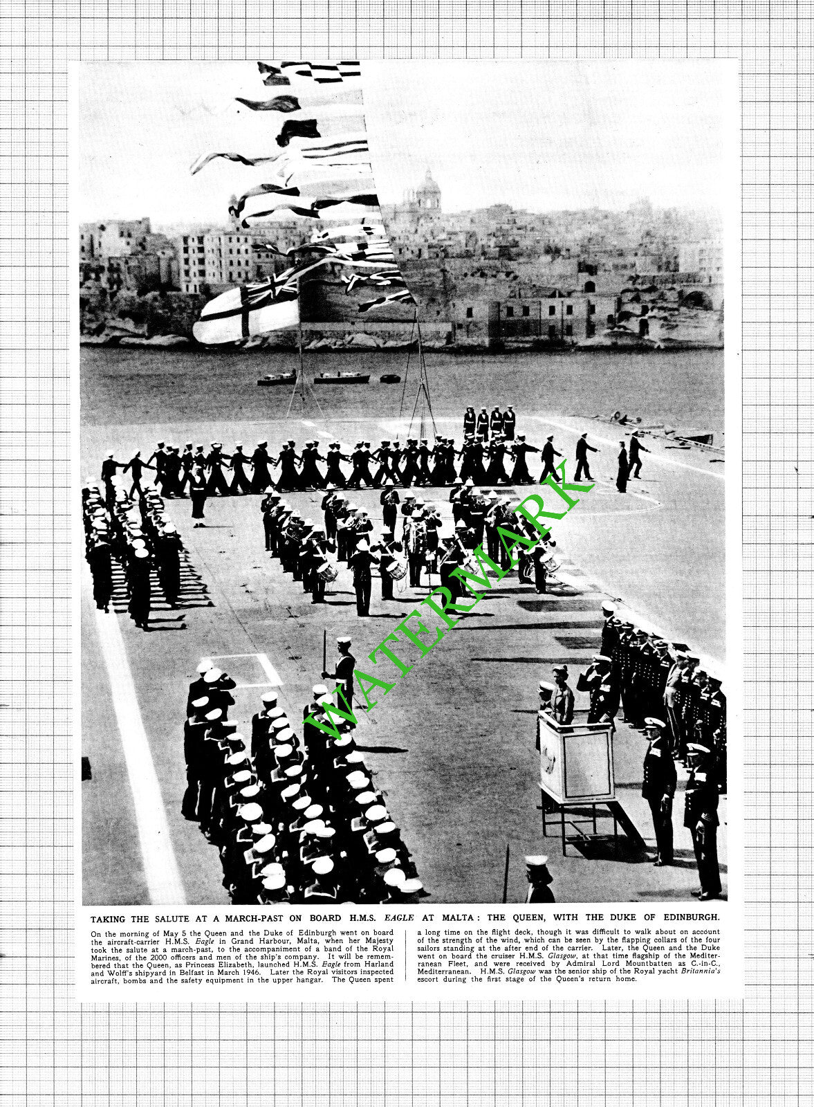 HMS EAGLE Ship Grand Harbour Malta - 1954 Cutting / Print