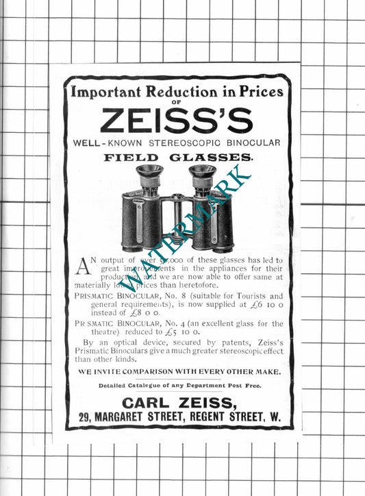 Carl Zeiss Regent Street London  - 1903 SMALL ADVERT / Print
