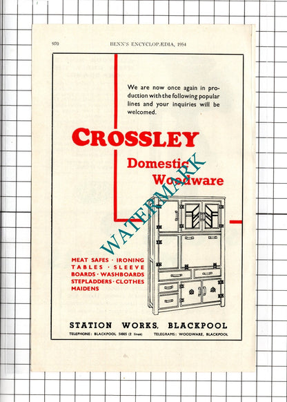 Spong & Co Ltd London  / Crossley Domestic Woodware Blackpool  - 1954 Advert