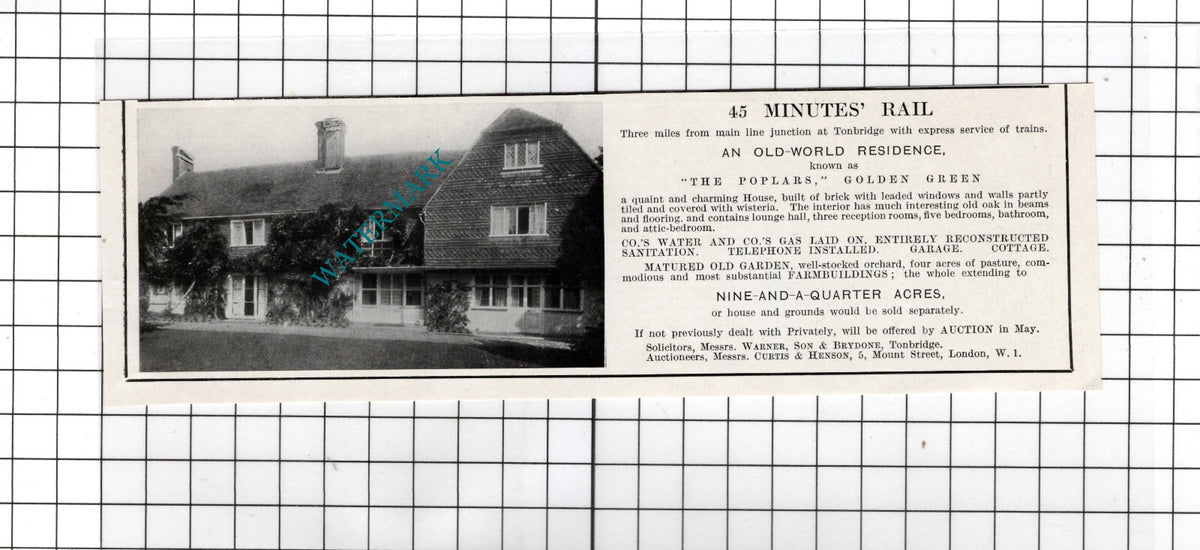 The Poplars Golden Green Tonbridge Kent   - 1925 House Sale Advert