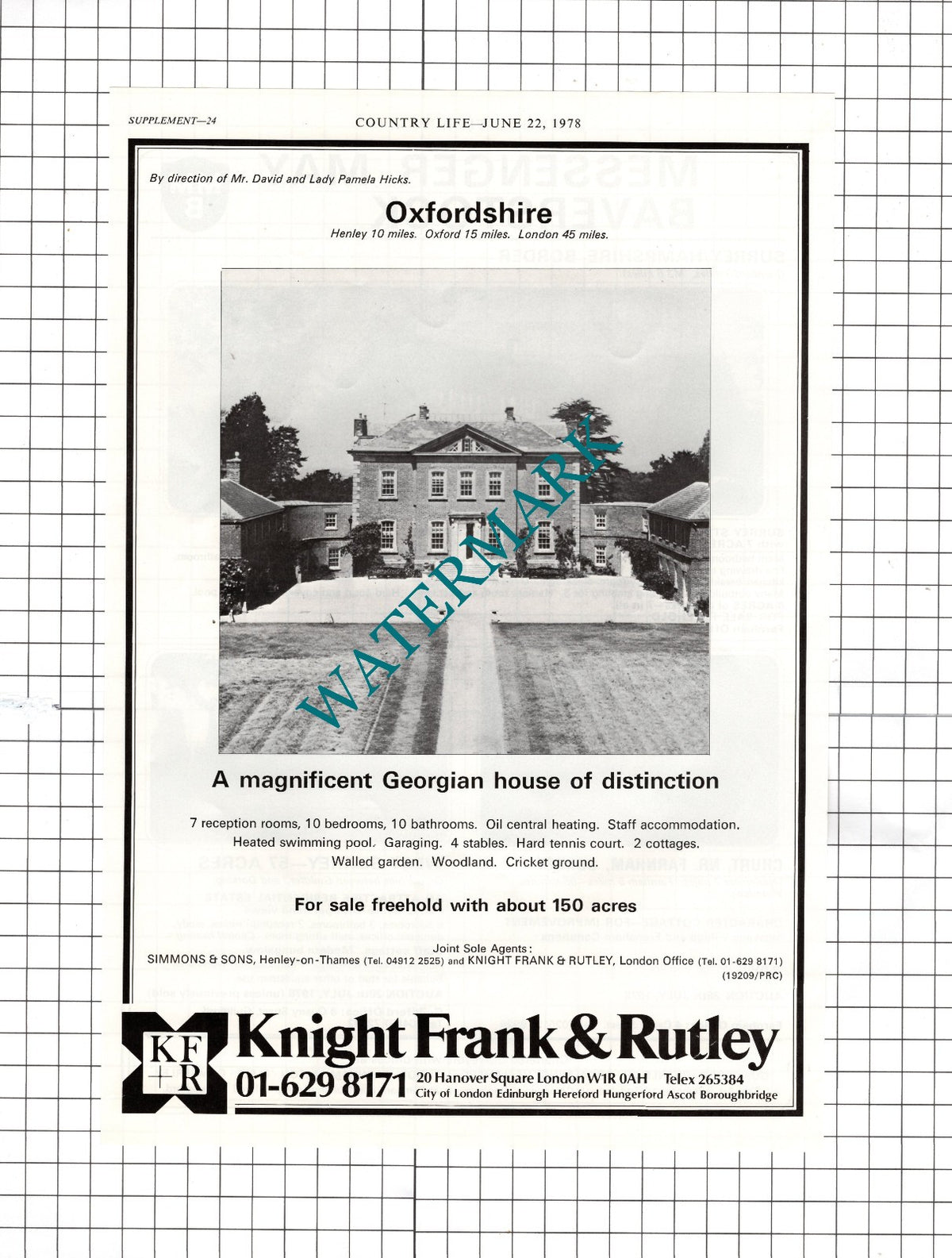 Mr David and Lady Pamela Hicks Oxfordshire House  Sale Advert - 1978