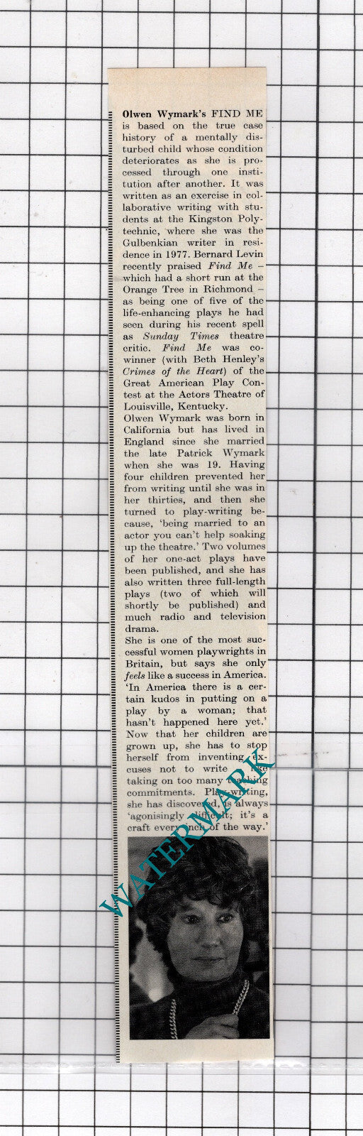 Olwen Wymark Playwright  - 1980 Cutting