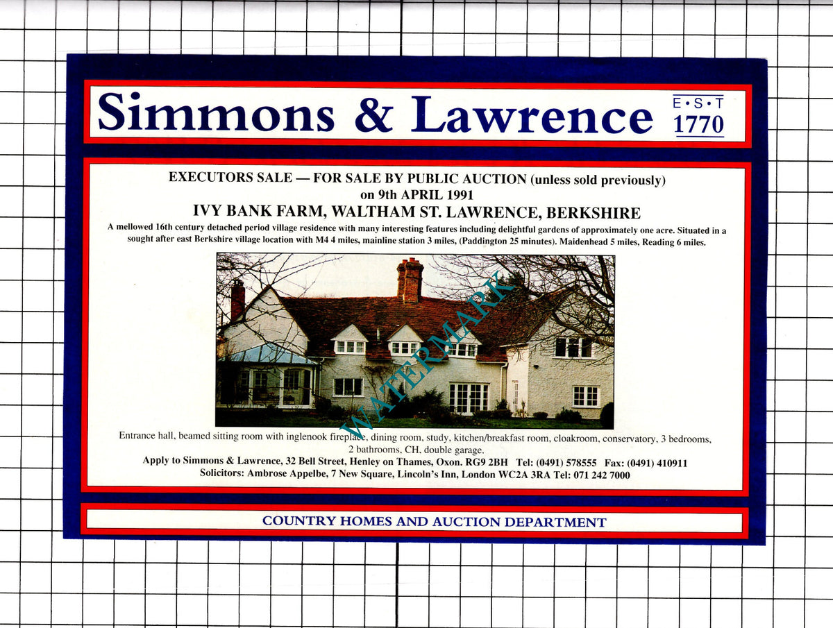 Ivy Bank Farm Waltham St Lawrence Berkshire Sale Advert - 1991 Clipping / Print