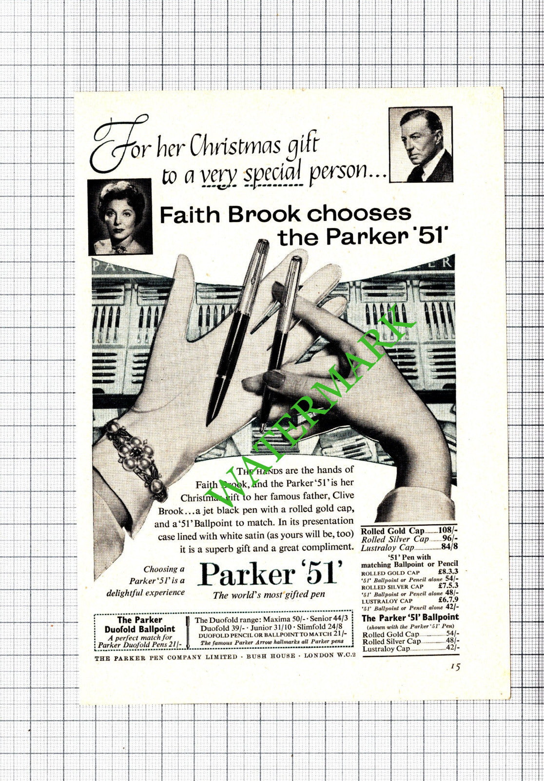 Parker 51 Faith Brook Clive Brook Small Advert - 1956 Cutting