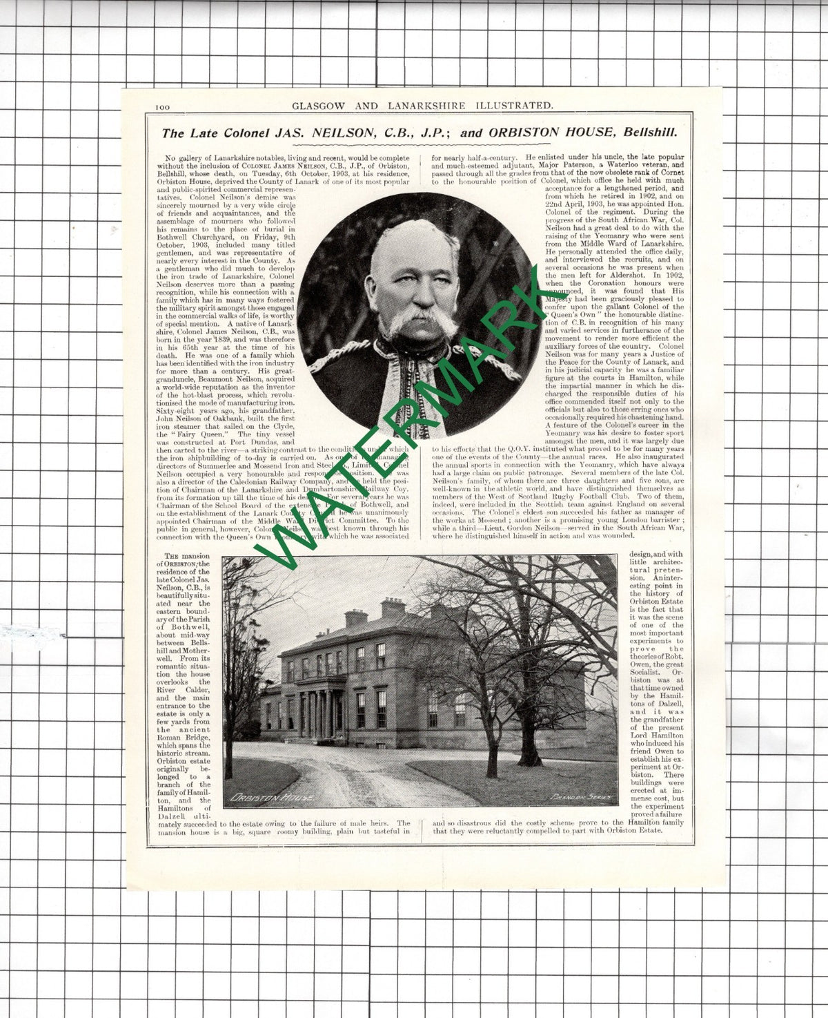 Colonel James Neilson Orbiston House Bellshill / Bothwell Bridge  - 1904 Article