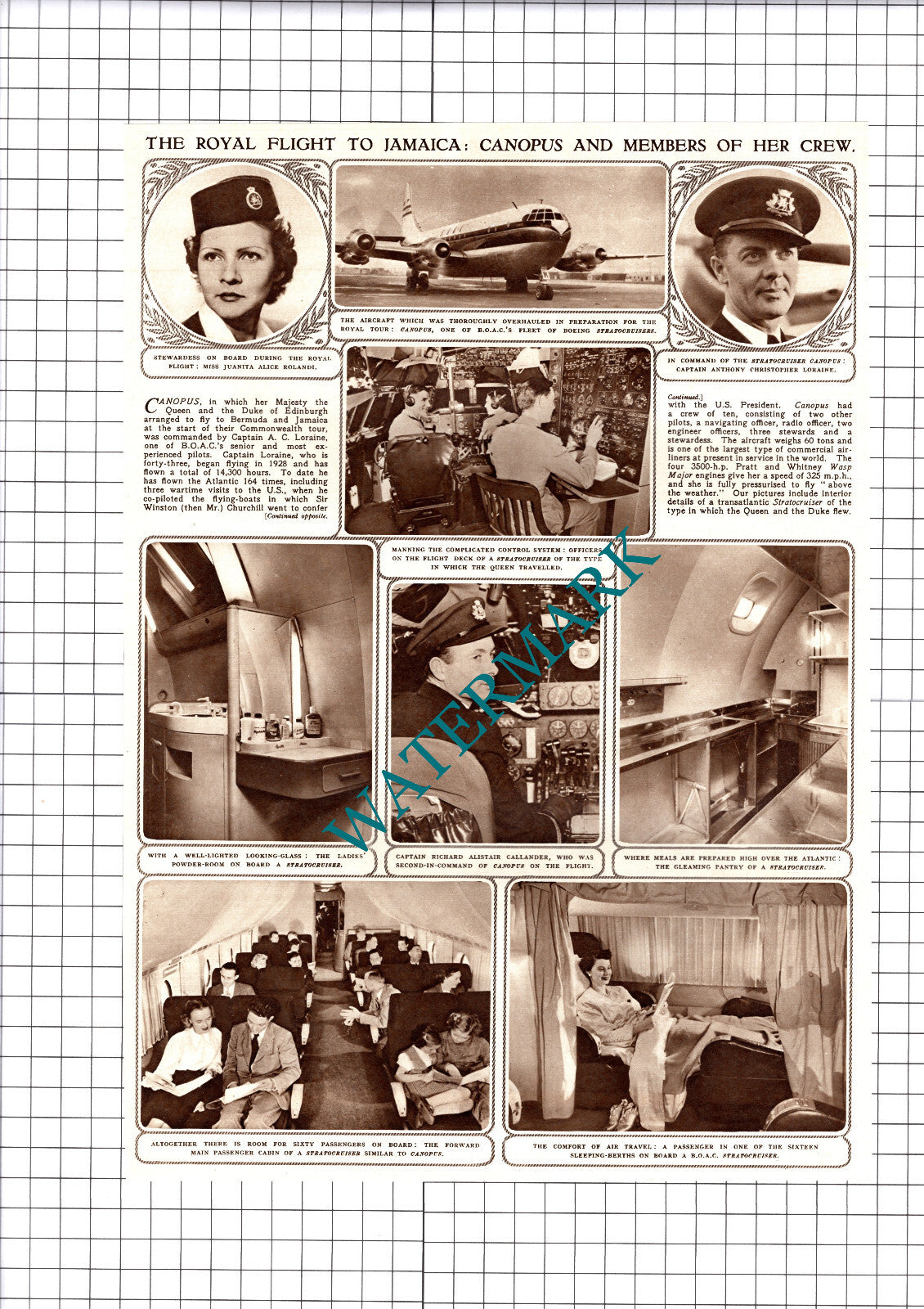CANOPUS Plane Capt Anthony Loraine Juanita Rolandi Callander  - 1953 Cutting