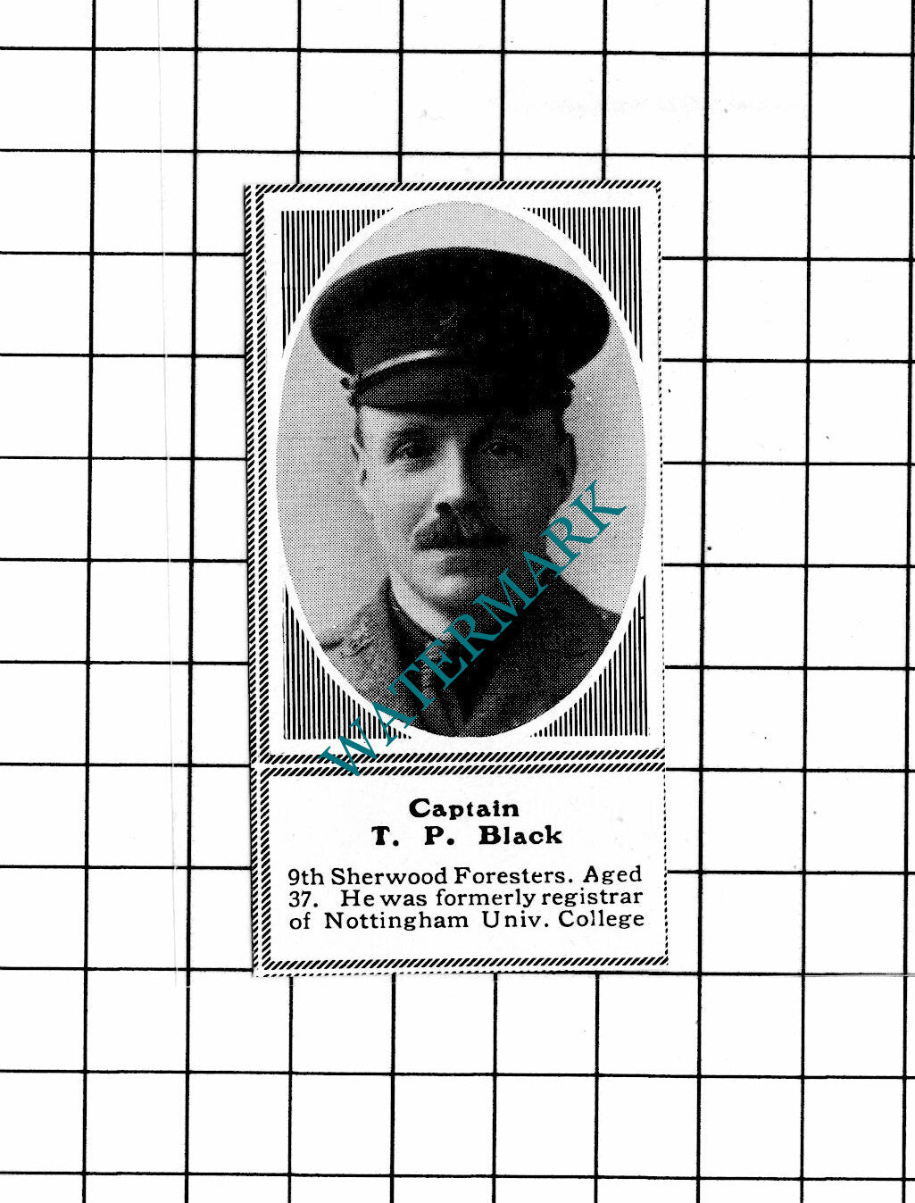 Captain T P Black 9th Sherwood Foresters WW1  - c.1918 SMALL Clipping / Print