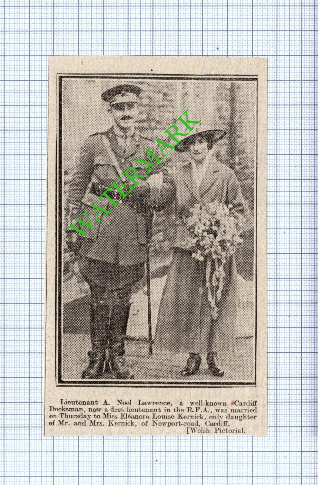 Lt A Noel Lawrence Cardiff RFA Eleanore Louise Kernick - 1916 News Cutting