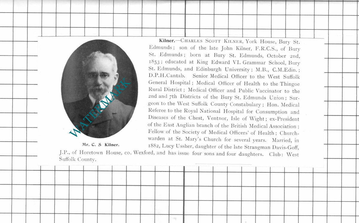 Mr Charles Scott Kilner York House Bury St Edmunds  -  1911 Clipping