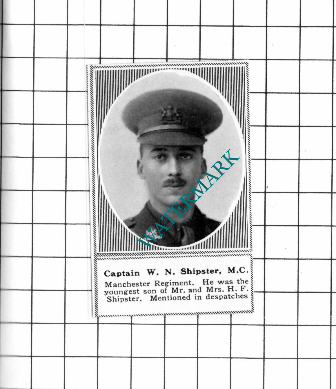 Captain W N Shipster Manchester Regiment WW1 - c.1918 SMALL Clipping / Print