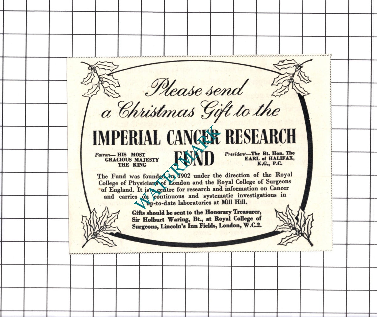 Imperial Cancer Research Fund Sir Holbert Waring Small Advert - 1950 Cutting