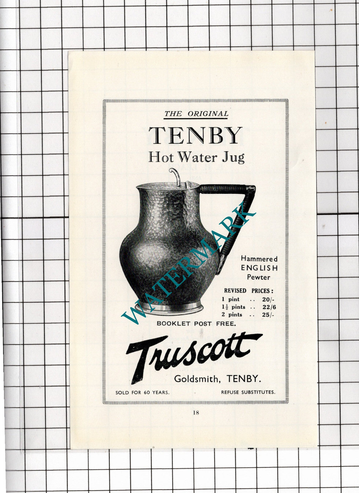 ADVERT ONLY! Tenby Jug Small ADVERT Truscott Goldsmith Tenby - 1936 Clipping