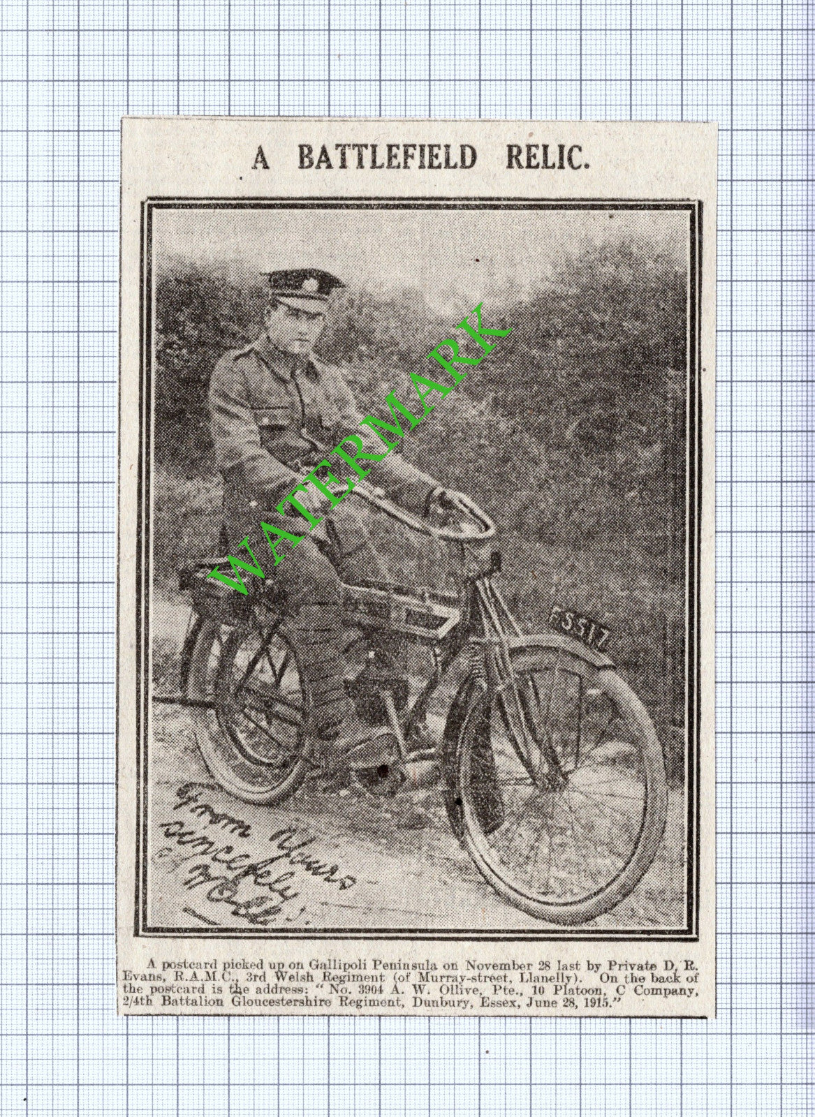 Pte D R Evans RAMC 3rd Welsh Regiment Ollive Gloucestershire - 1916 News Cutting