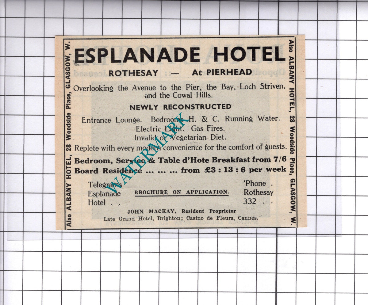 Esplanade Hotel Rothesay John Mackay Small Advert - 1939 Cutting/ Print