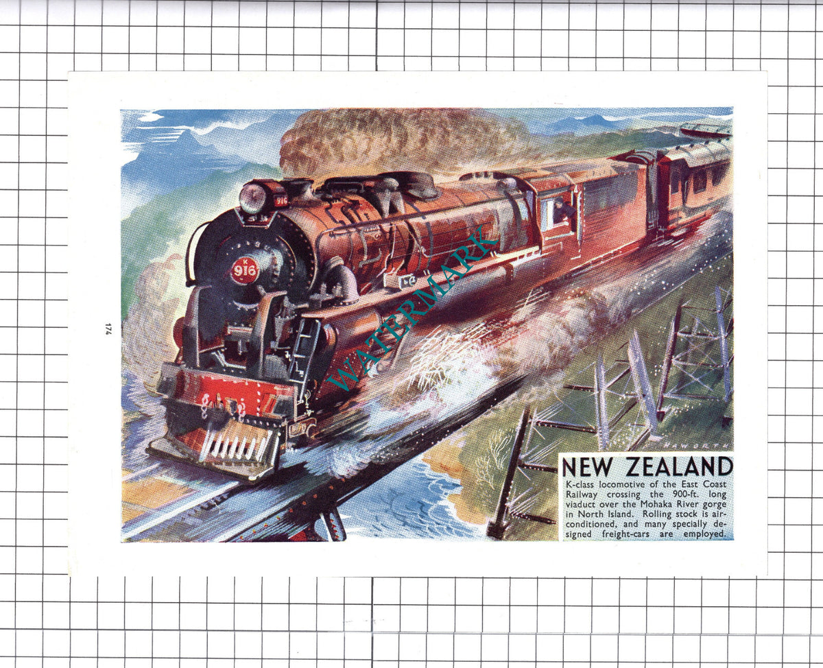 East Coast Railway New Zealand K916 Railway Locomotive  - 1940's Book Print