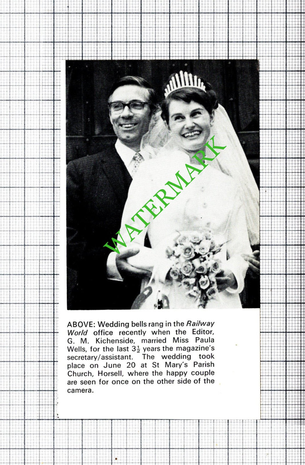 G M Kichenside Miss Paula Wells Wedding Horsell - 1970 Cutting