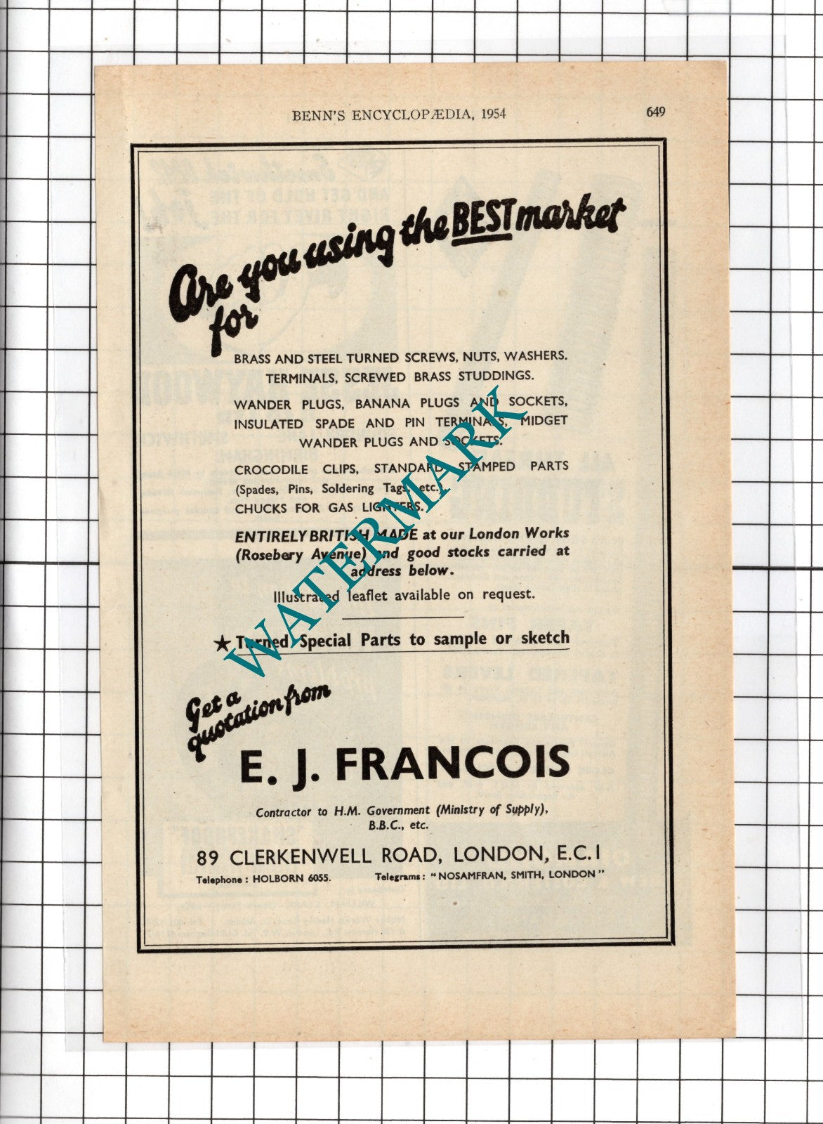 E J Francois 89 Clerkenwell Road London   -  1954 Advert