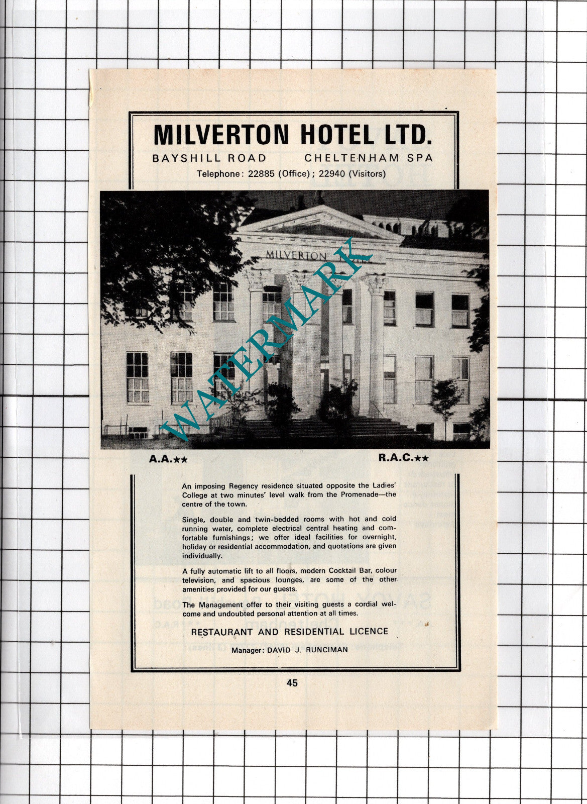 Savoy Hotel Cheltenham   / Milverton Hotel David Runciman - 1970's Advert