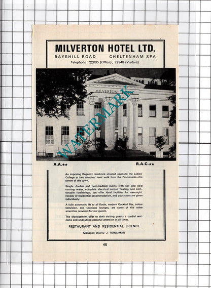 Savoy Hotel Cheltenham   / Milverton Hotel David Runciman - 1970's Advert