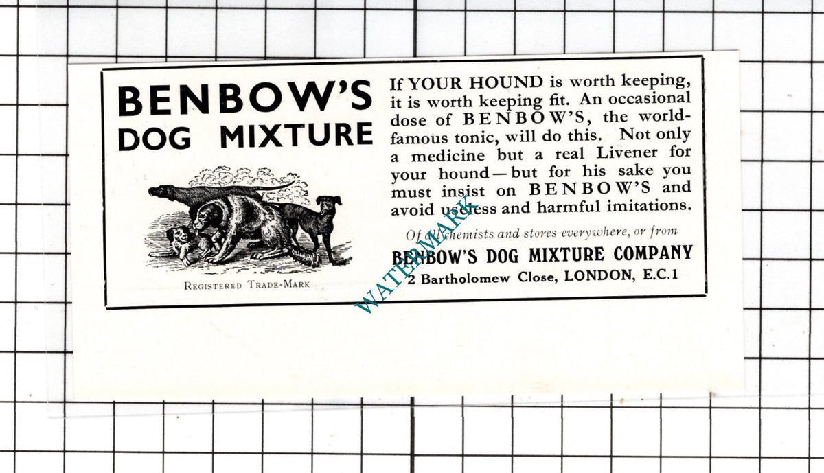 Benbow's Dog Mixture Company 2 Bartholomew Close London EC1 -  1932 SMALL ADVERT