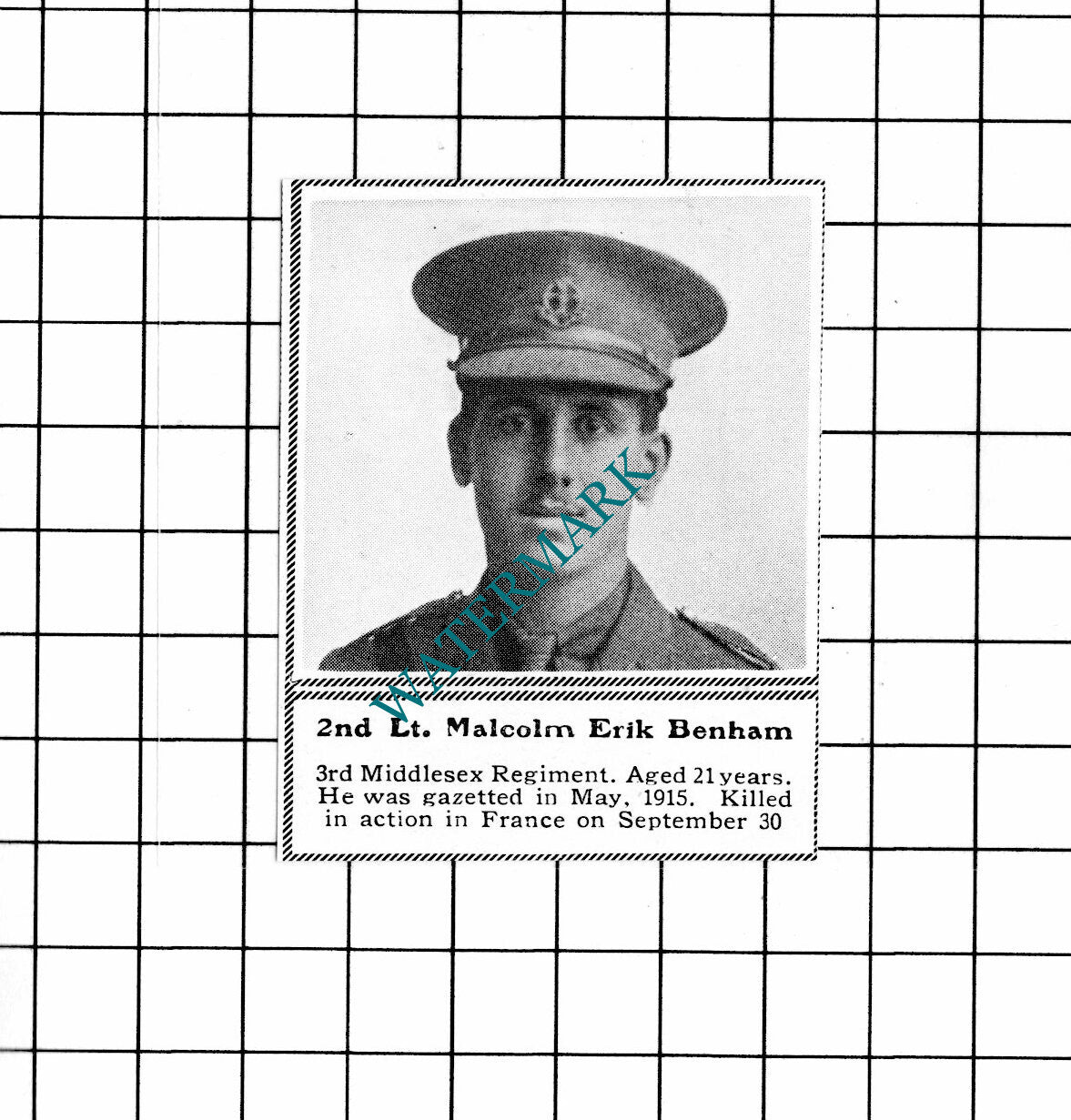 2nd Lt Malcolm Erik Benham 3rd Middlesex WW1  - c.1918 SMALL Clipping / Print