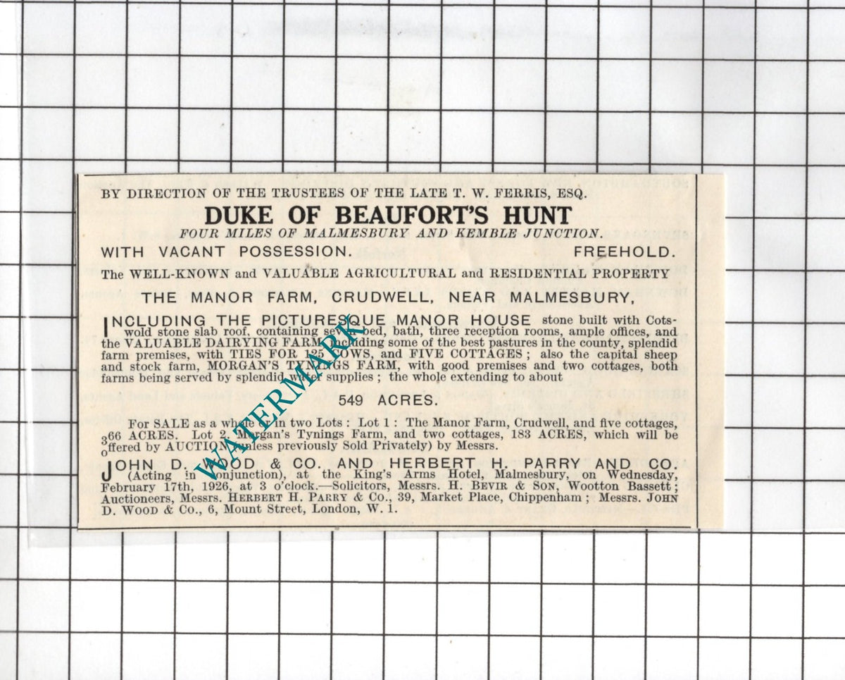 The Manor Farm Crudwell Malmesbury T W Ferris Esq  - 1926 SMALL House Advert