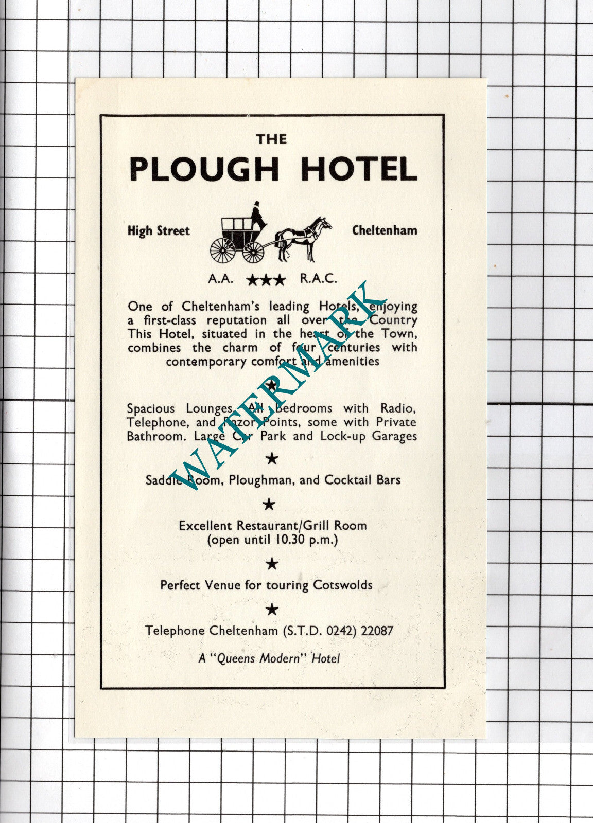 The Plough Hotel Cheltenham Gloucester - c.1970's Advert