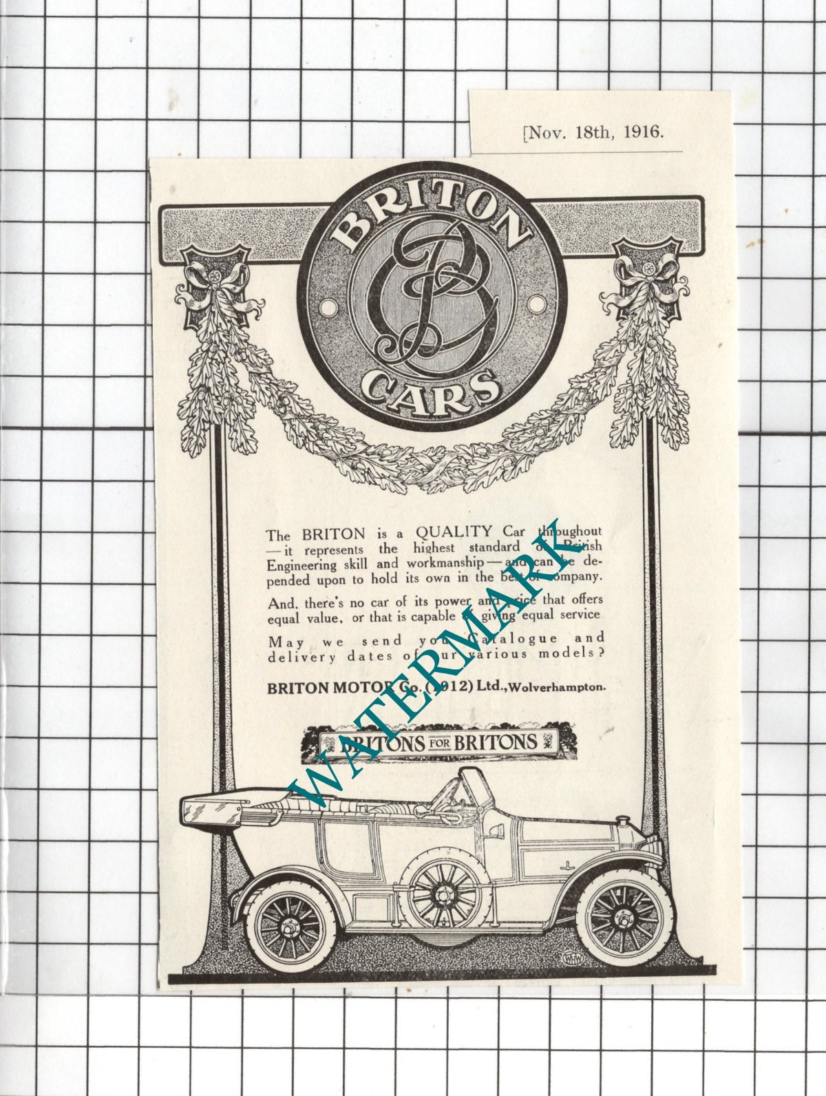 Briton Cars  - 1916 SMALL Advert