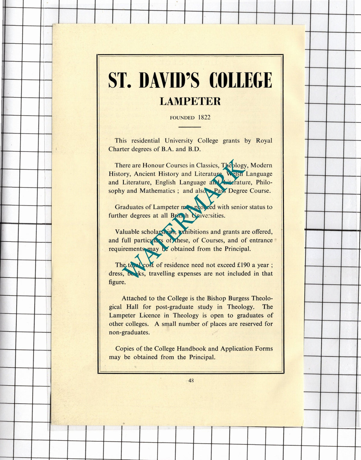 St David's College Lampeter Wales      - 1957  Advert