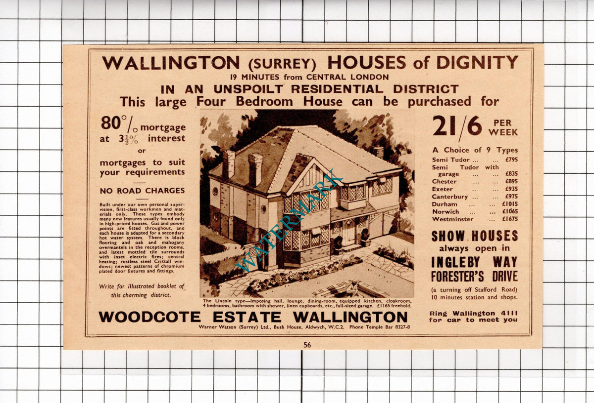 Woodcote Estate Wallington Surrey Warner Watson Ltd Aldwych -  1935 Advert