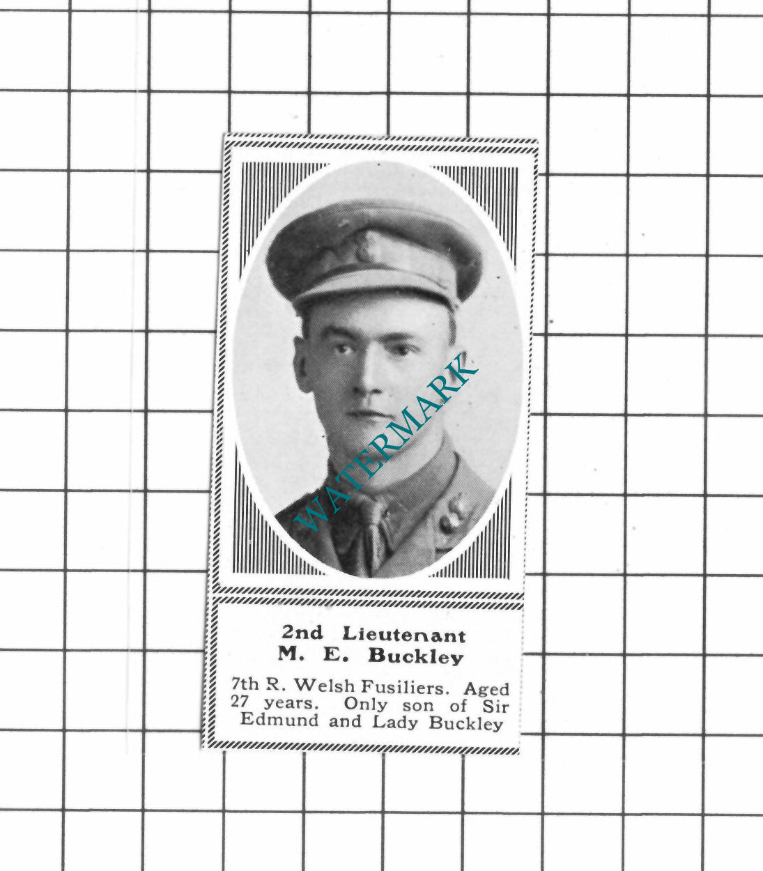 2nd Lt M E Buckley 7th Royal Welsh Fusiliers Great War - c.1918 SMALL Clipping