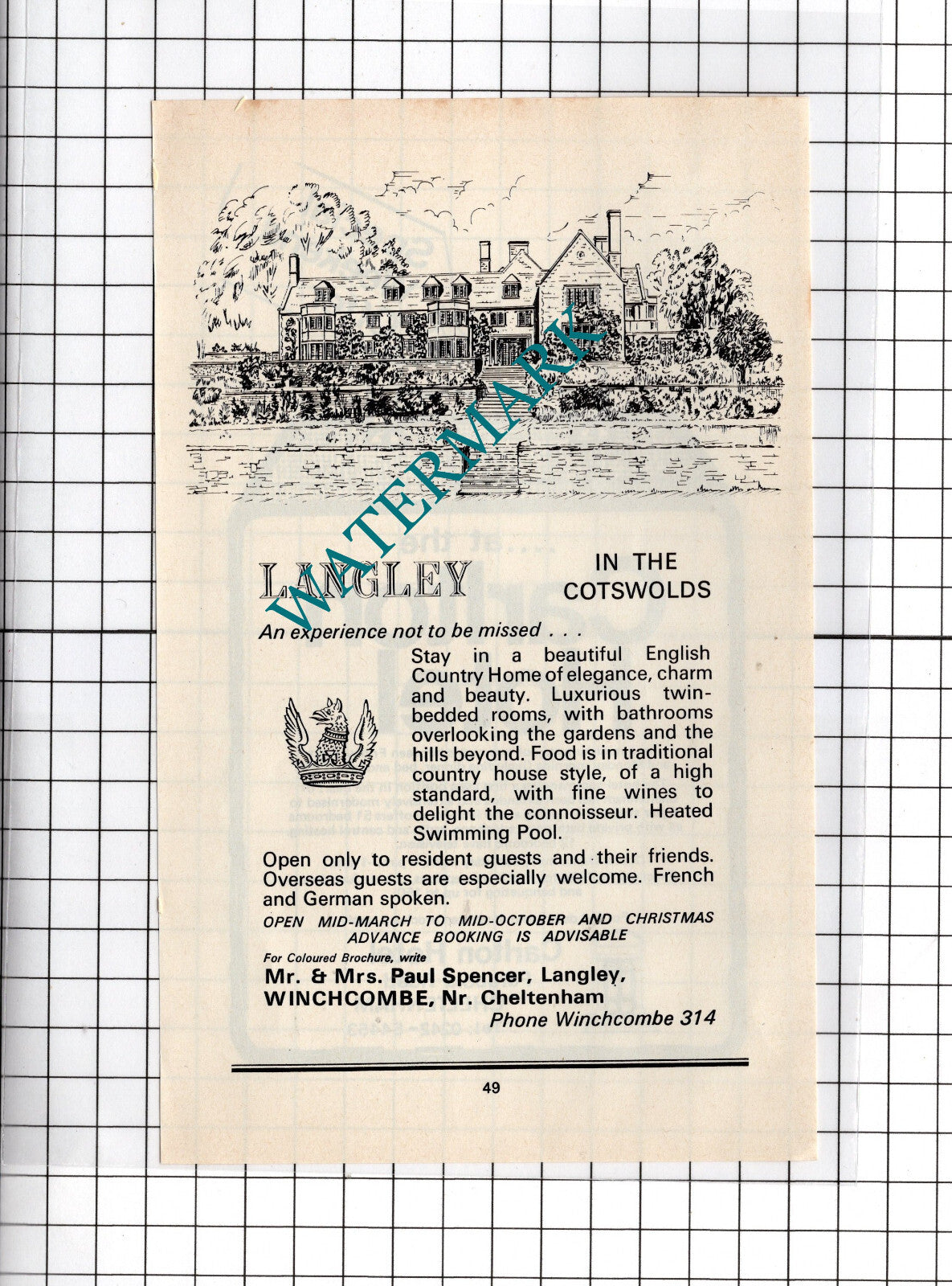 Carlton Hotel Cheltenham   / Langley Winchcombe Paul Spencer - 1970's Advert