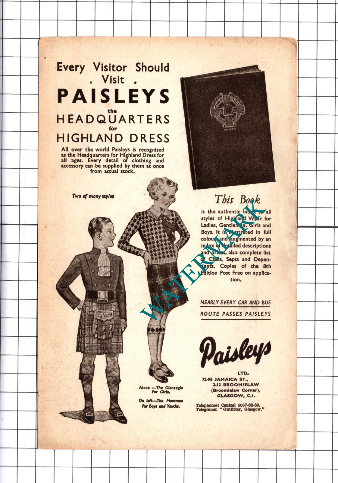 Paisleys Highland Wear  Glasgow Advert   - 1939 Cutting