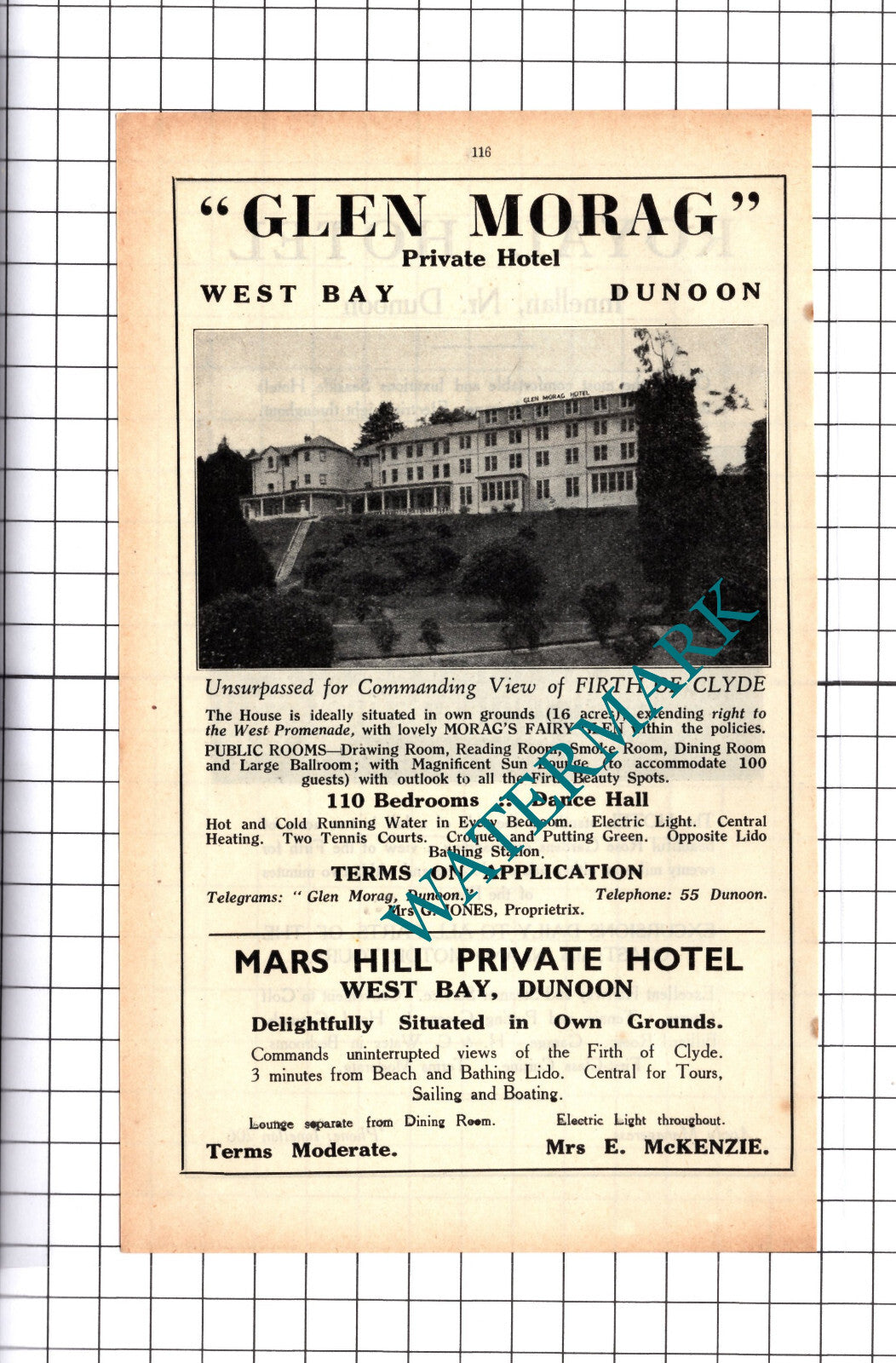 Royal Hotel Innellan  / Glen Morag Hotel Dunoon Jones Advert - 1939 Cutting