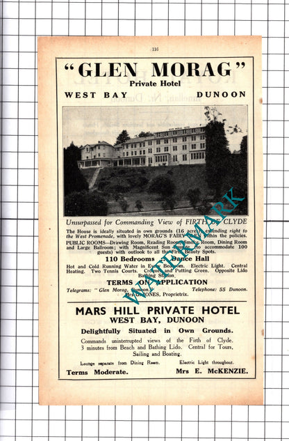 Royal Hotel Innellan  / Glen Morag Hotel Dunoon Jones Advert - 1939 Cutting