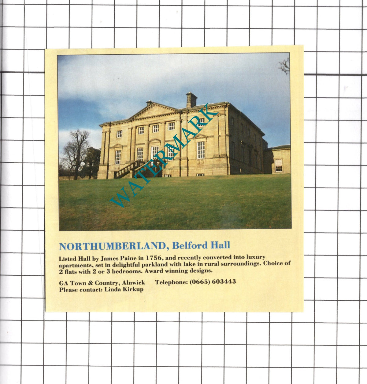 Belford Hall Northumberland  Sale Advert - 1990 Clipping / Print