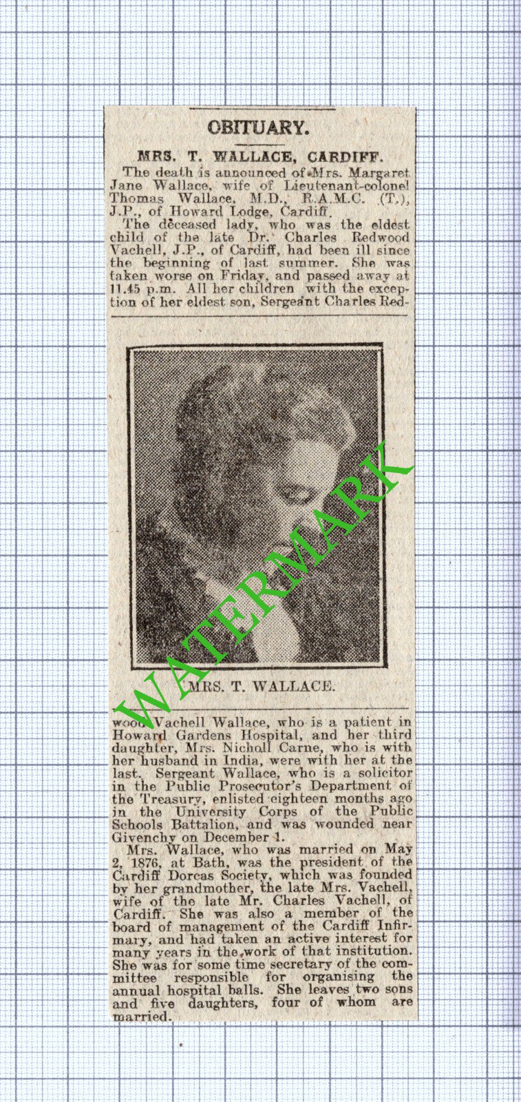 Mrs Margaret Jane Wallace Cardiff Thomas Vachell Obituary - 1916 News Cutting