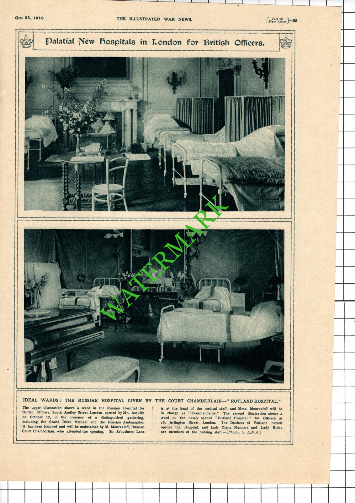 Russian Hospital South Audley Street London Rutland Great War WW1 - 1916 Cutting