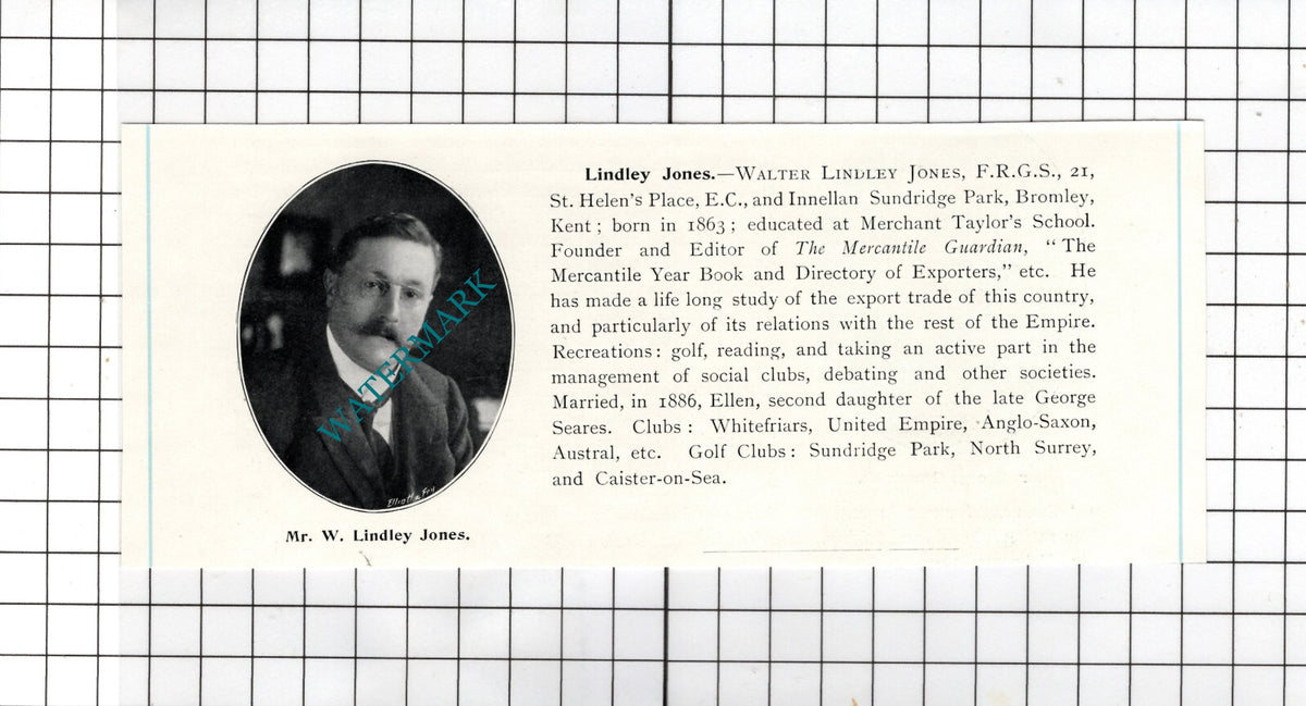 Mr Walter Lindley Jones Innellan Sundridge Park Bromley Kent -  c.1905 Clipping